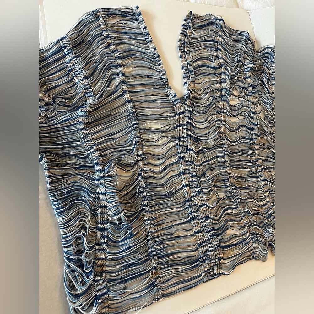 Women’s Woven Poncho Style Swim Cover Up, Blue, Medium, Beach, Day Club, Summer